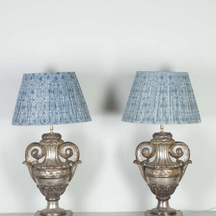 Pair of Large Carved and Silvered Wooden Urns Converted to Table Lamps