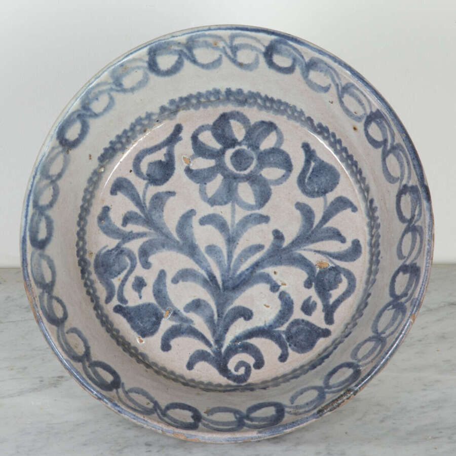 Late 19th Century Spanish Blue and White Glazed Terracotta Lebrillo Bowl